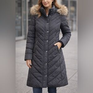 London Fog Women's Black Puffer Coat with Fur Trim